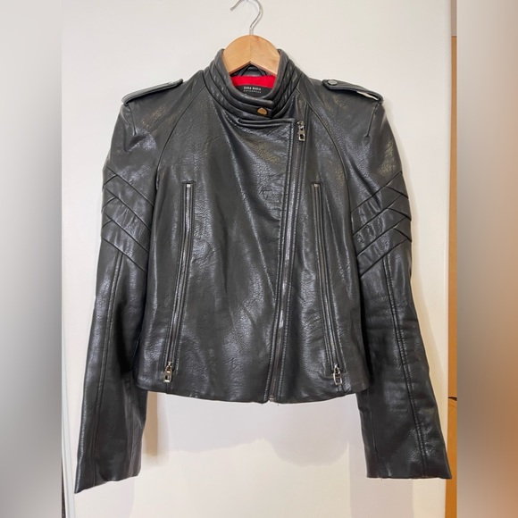 Black, structured, vegan leather moto jacket with red lining; size M - Picture 3 of 9
